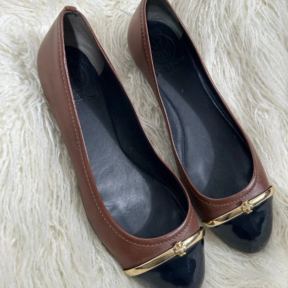 Tory Burch Pacey Cap-Toe‎ Brown Leather Ballet Flats Size 8.5M